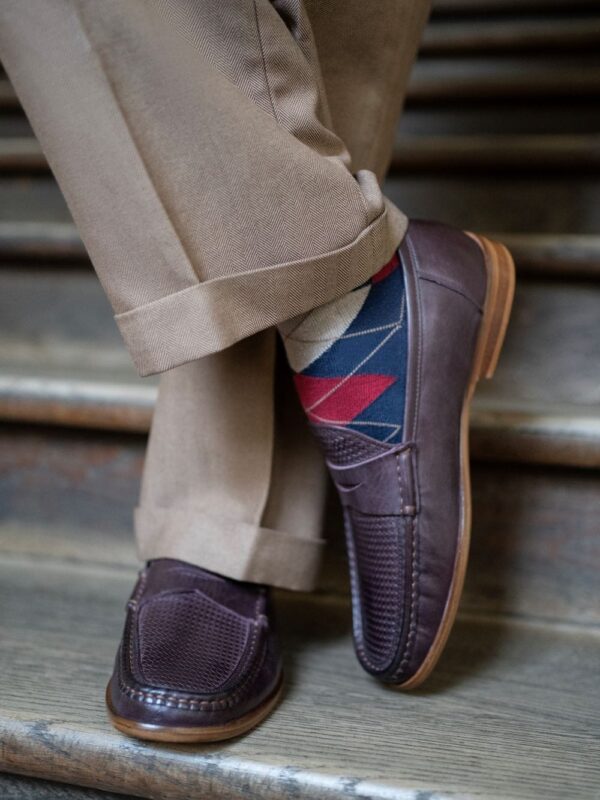 Mocassins de danse swing en cuir bordeaux et bleu pour Balboa et Lindy Hop avec détails en texture tissée.