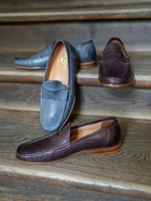 Burgundy and Blue leather swing dance loafers for Balboa and Lindy Hop with woven texture details.
