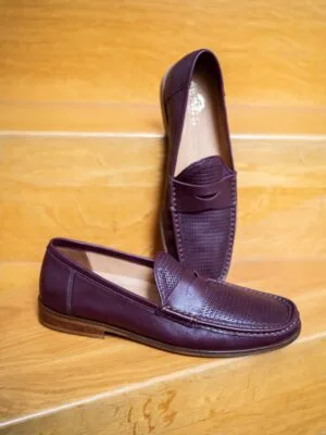 Burgundy leather swing dance loafers for Balboa and Lindy Hop with woven texture details.